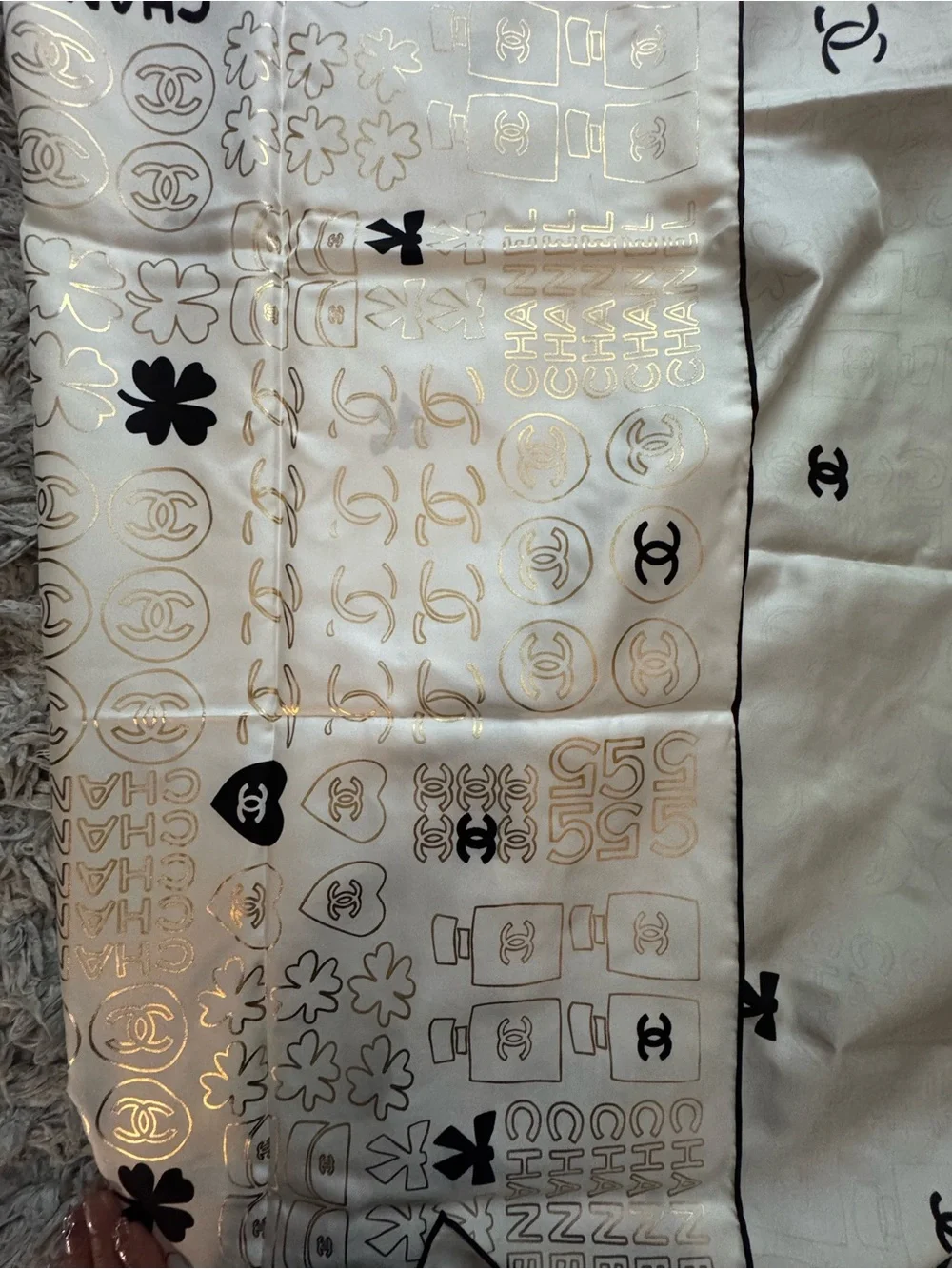 CHANEL Ivory Silk Logo & Motif Scarf with Black Accents